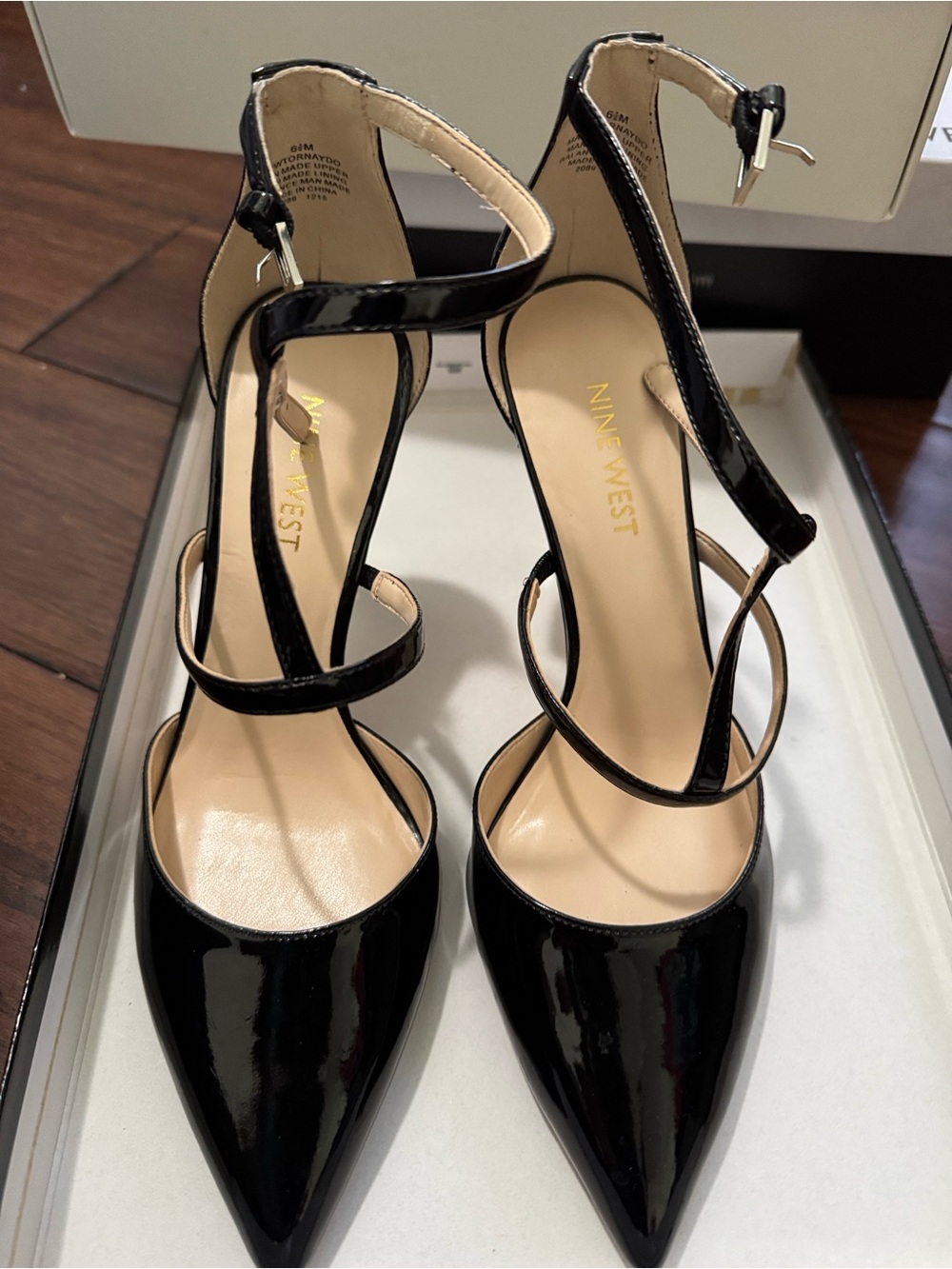 Nine West Black Patent Pointed Toe Strappy Heels